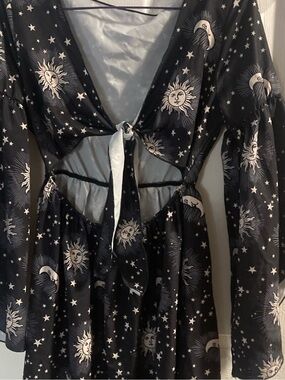 ROMWE Black Sun & Moon Print Long Sleeve Cutout Dress